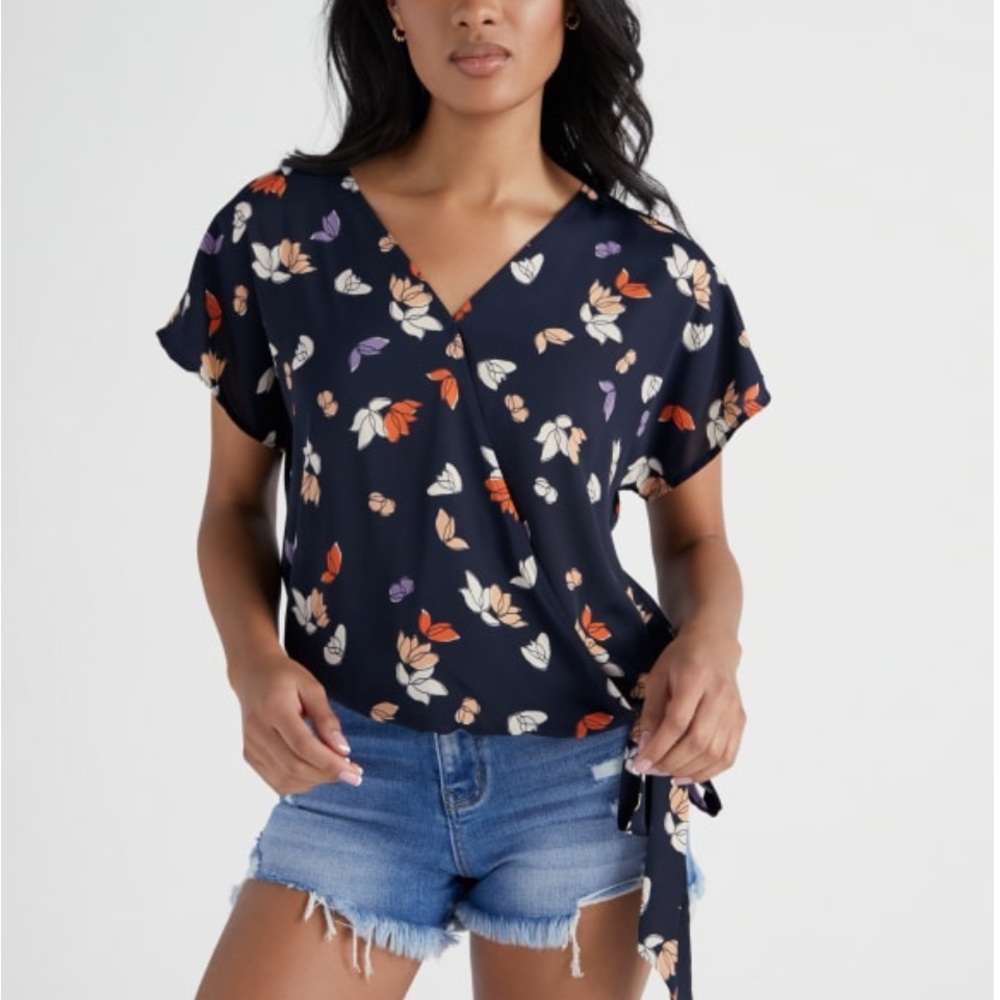 K West Navy Floral Wrap Blouse
